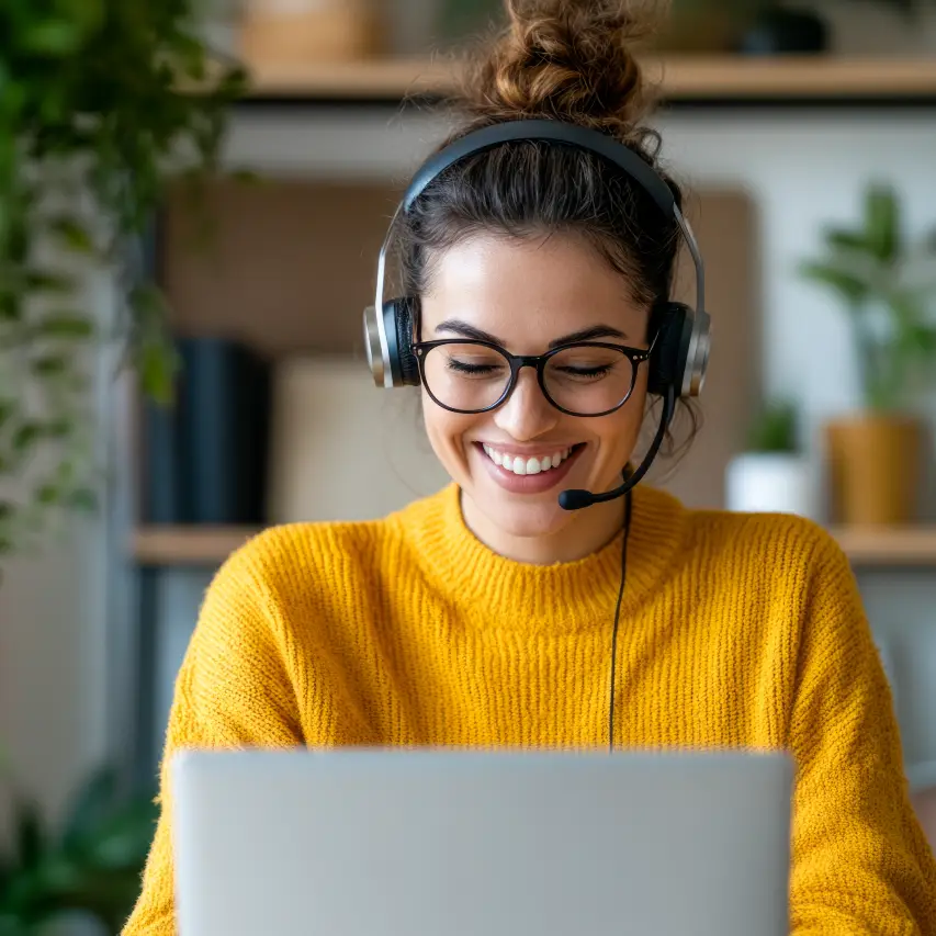 Lächelnde Mitarbeiterin mit Headset am Laptop
